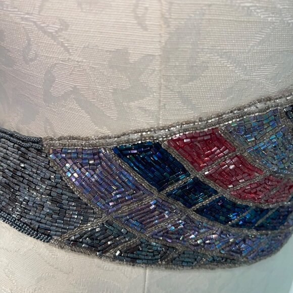 Vintage Belt Womens One Size OSFM Beaded Silver Multicolor Hook Loop Closure
